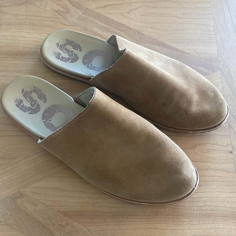 Women’s Sorel Ella Camel Brown Suede Slip On Leather Mules Flats Size 8